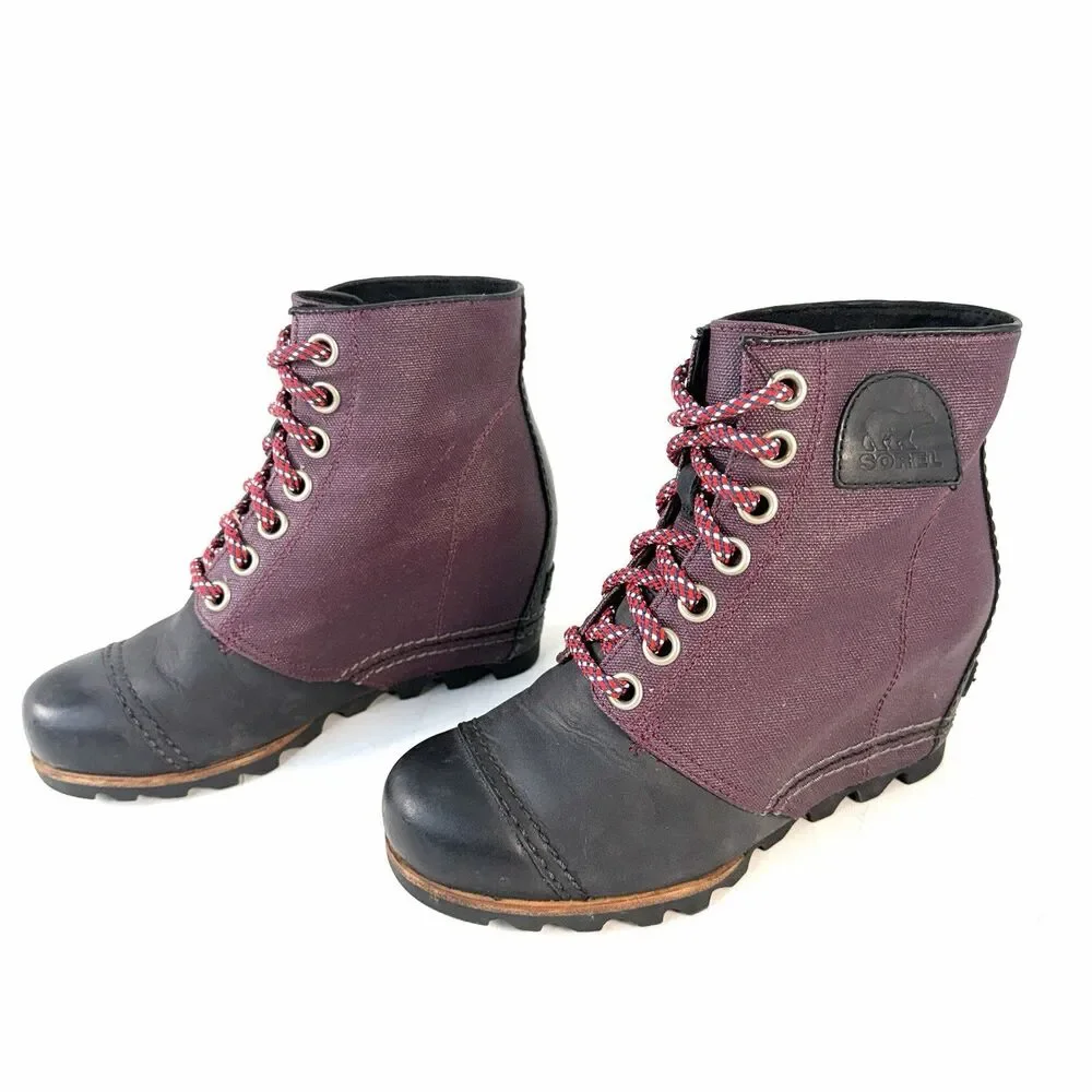 Sorel Purple Black Fabric Rubber Wedge Lace-Up Ankle Bootie NL2174-562 Women US7